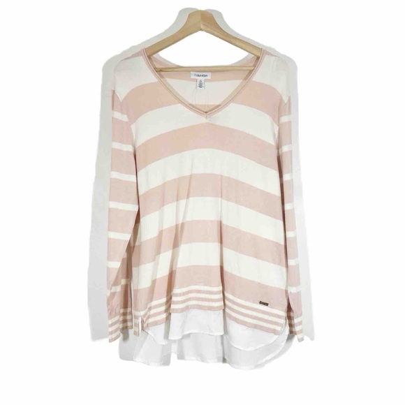 NWT Calvin Klein Striped Sweater V-Neck Layered Look Pink White Sz L - Picture 1 of 13
